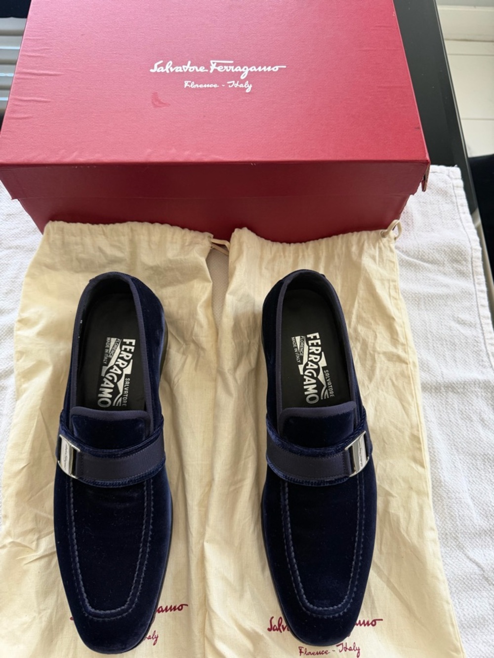 Salvatore Ferragamo Men's Navy Velvet Bit Loafers